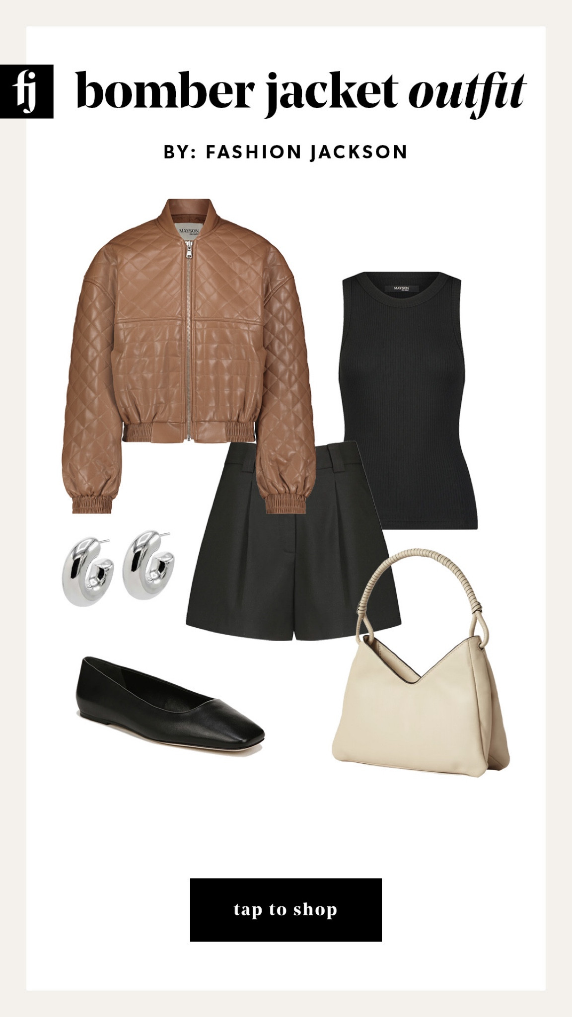 Fall outfits, bomber jacket, black tank, black shorts, black flats, white handbag #falloutfits #outfitidea #MAYSON 

#LTKstyletip #LTKshoecrush #LTKfindsunder100