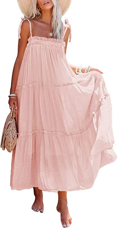 Women's Summer Boho Smocked Spaghetti Strap Sleeveless Tiered Beach Long Maxi Dress | Amazon (US)