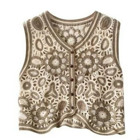 RABBITH Women Retro Hollow Out Crochet Crop Top Vest Embroidery Floral Sleeveless for Jacket Cardigan Button Boho Hippie Waistco | Walmart (US)
