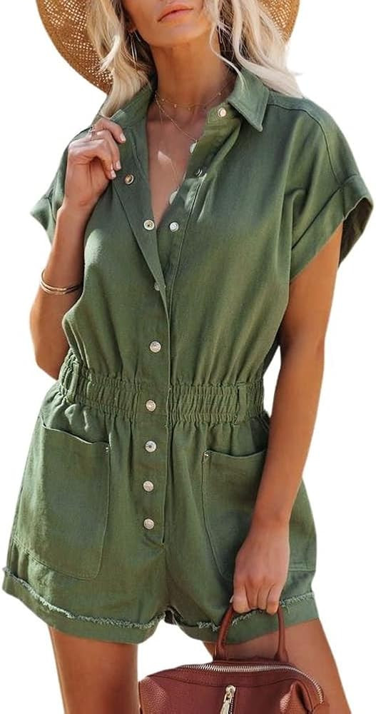 chouyatou Women's Short Cuffed Sleeve Utility Rompers Elastic Waist Button Down Cotton Pocketed J... | Amazon (US)