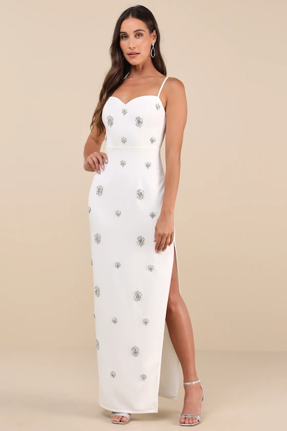 Completely Regal White Rhinestone Sleeveless Column Maxi Dress | Lulus