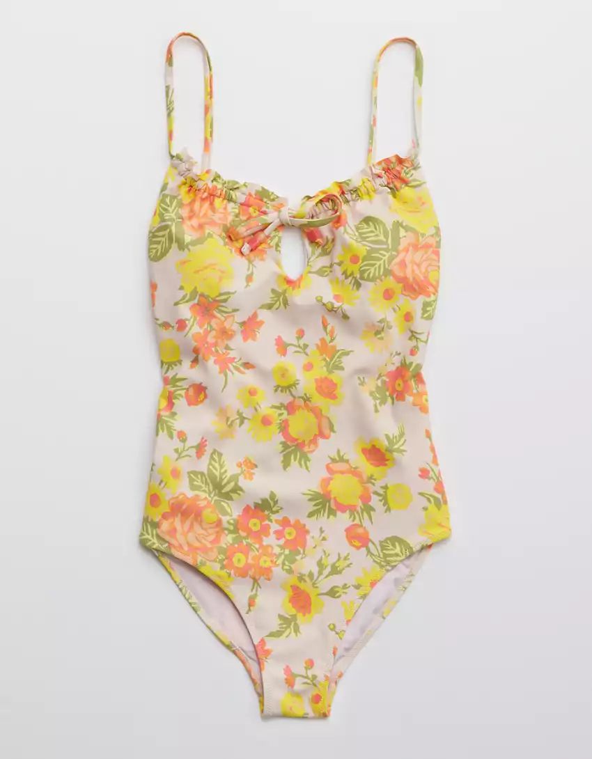 Aerie Printed Ruffle Keyhole One Piece Swimsuit | American Eagle Outfitters (US & CA)