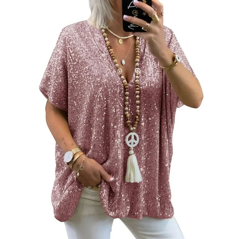 LilyLLL Womens Short Sleeve V Neck Glitter Sequins Loose Blouse Tops - Walmart.com | Walmart (US)