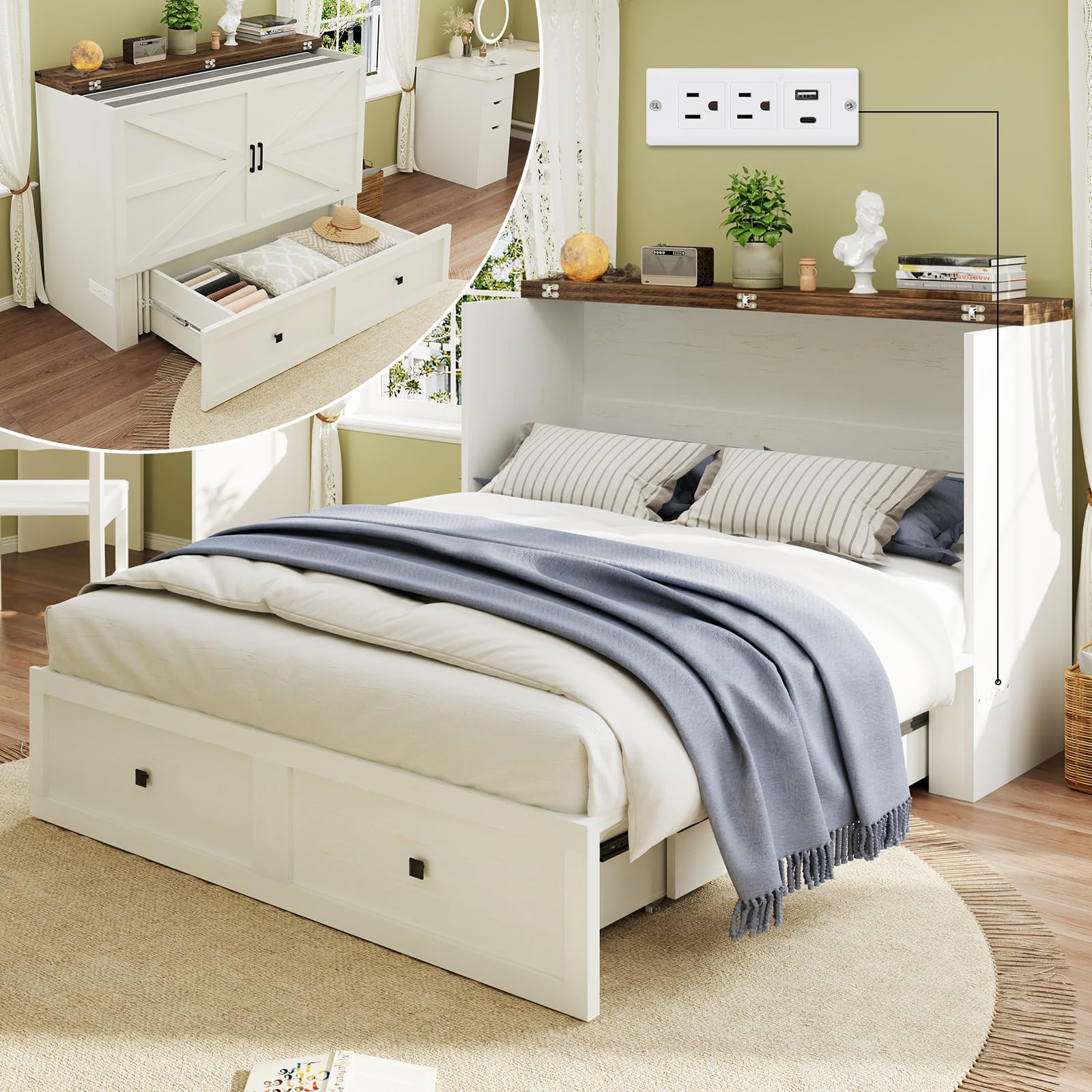 Full Size Murphy Bed with Charging Station, Cabinet Bed with Large Storage Drawer for Home Office... | Amazon (US)