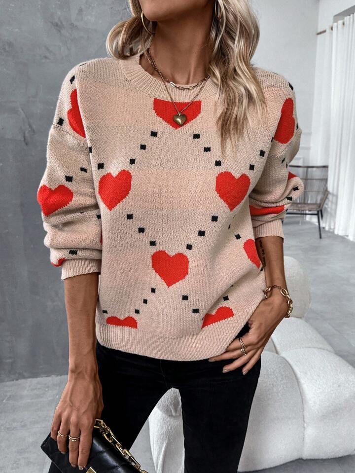 SHEIN LUNE Heart Print Loose Fit Sweater With Drop Shoulder | SHEIN