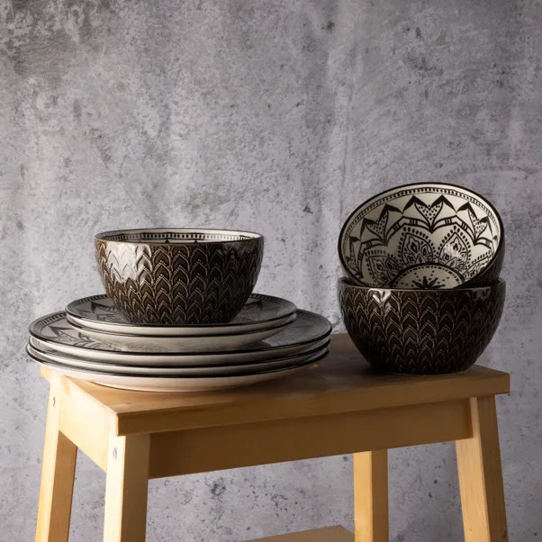 Code Maison Collection 12 Piece Black Moroccan Dinner Set | Dunelm