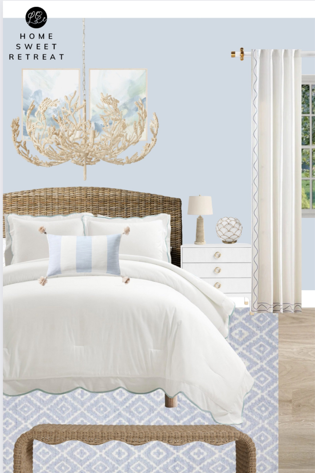 Coastal chic bedroom featuring light neutral tones, whites and powder blues. Calming blue walls with warm contrasts for a bright and airy coastal feel  

#LTKSeasonal #LTKstyletip #LTKhome