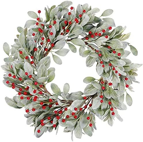 Sggvecsy 19 Inch Artificial Christmas Wreath for Front Door Flocked Lambs Ear Wreath with Red Ber... | Amazon (US)