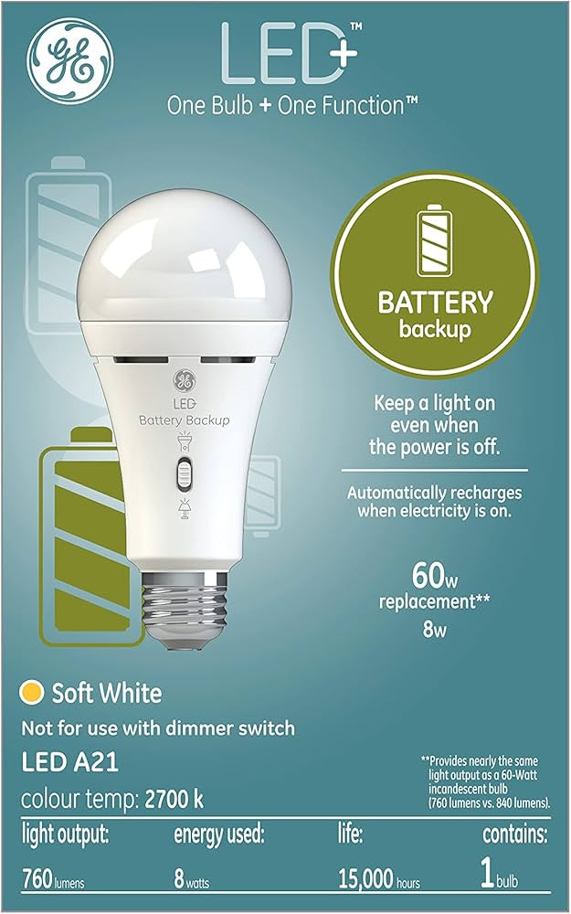 GE Lighting LED+ Backup Battery Light Bulb, Emergency Light Bulb | Amazon (CA)
