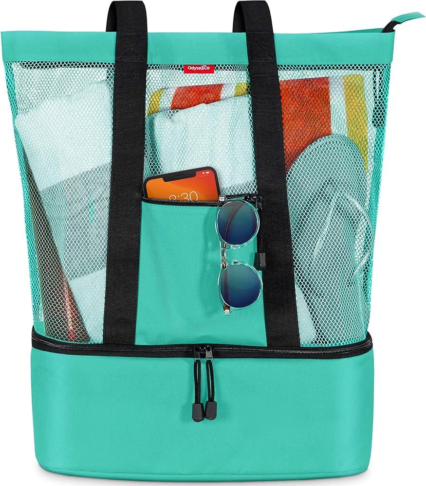 Mesh Beach Bag Tote with Insulated Cooler by OdyseaCo - Large Zippered High Capacity | Amazon (US)