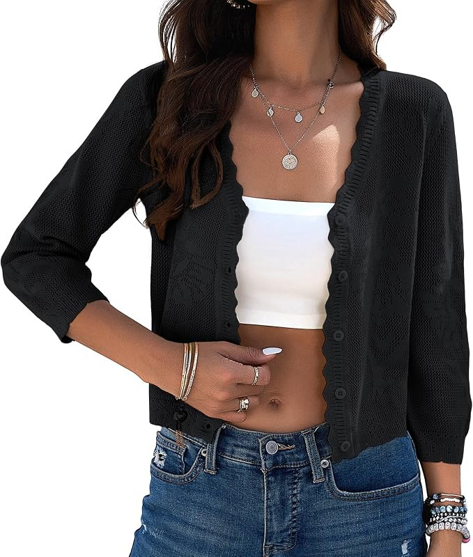 Kate Kasin Women's Cropped Cardigan Sweaters Trendy Lightweight 3/4 Sleeve Button Down Crochet Te... | Amazon (US)