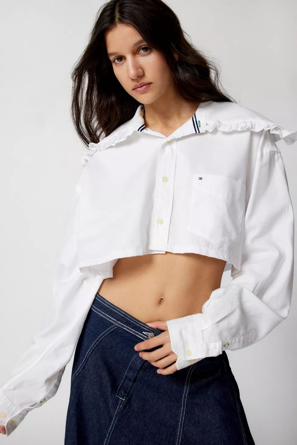 Urban Renewal Remade Ruffle Collar Cropped Shirt | Urban Outfitters (US and RoW)