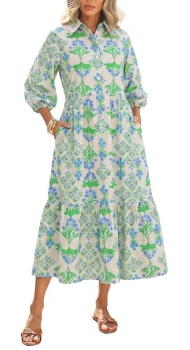 Floral Midi Dress for Women 3/4 Sleeve Cotton Button Up Collared Shirt Dress Flowy Ruffle Hem Spring Sundress with Pockets | Amazon (US)