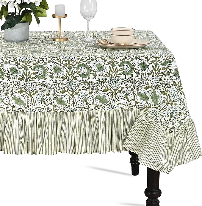CPC Agate Green Block Print Ruffle Tablecloth 100% Cotton 60" x 60" Square Floral Table Cover, El... | Amazon (US)