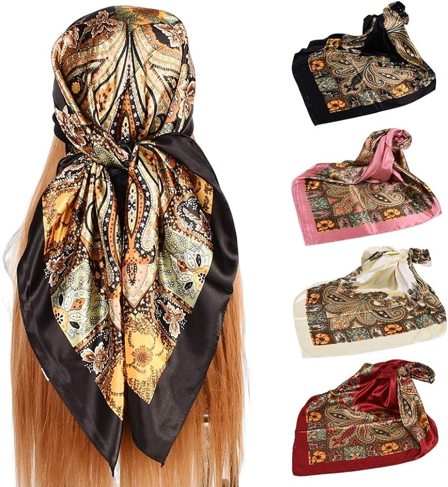 4Pcs Silk Head Scarves for Women Satin Hair Scarf 35”Large Square Bandana Silk Like Neck Scarf ... | Amazon (US)