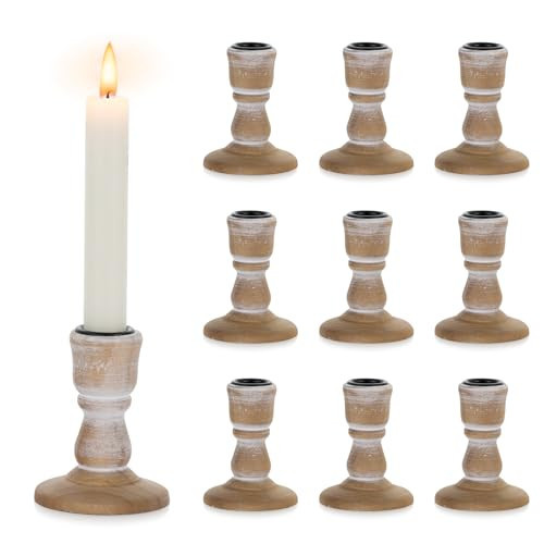NUPTIO Candle Stick Holder Decor: Set of 10 Vinage Brown Wood Candlestick Holders - Bulk Boho Short Taper Candleholder for Fall Christmas Home Table Mantle Decoration | Amazon (US)