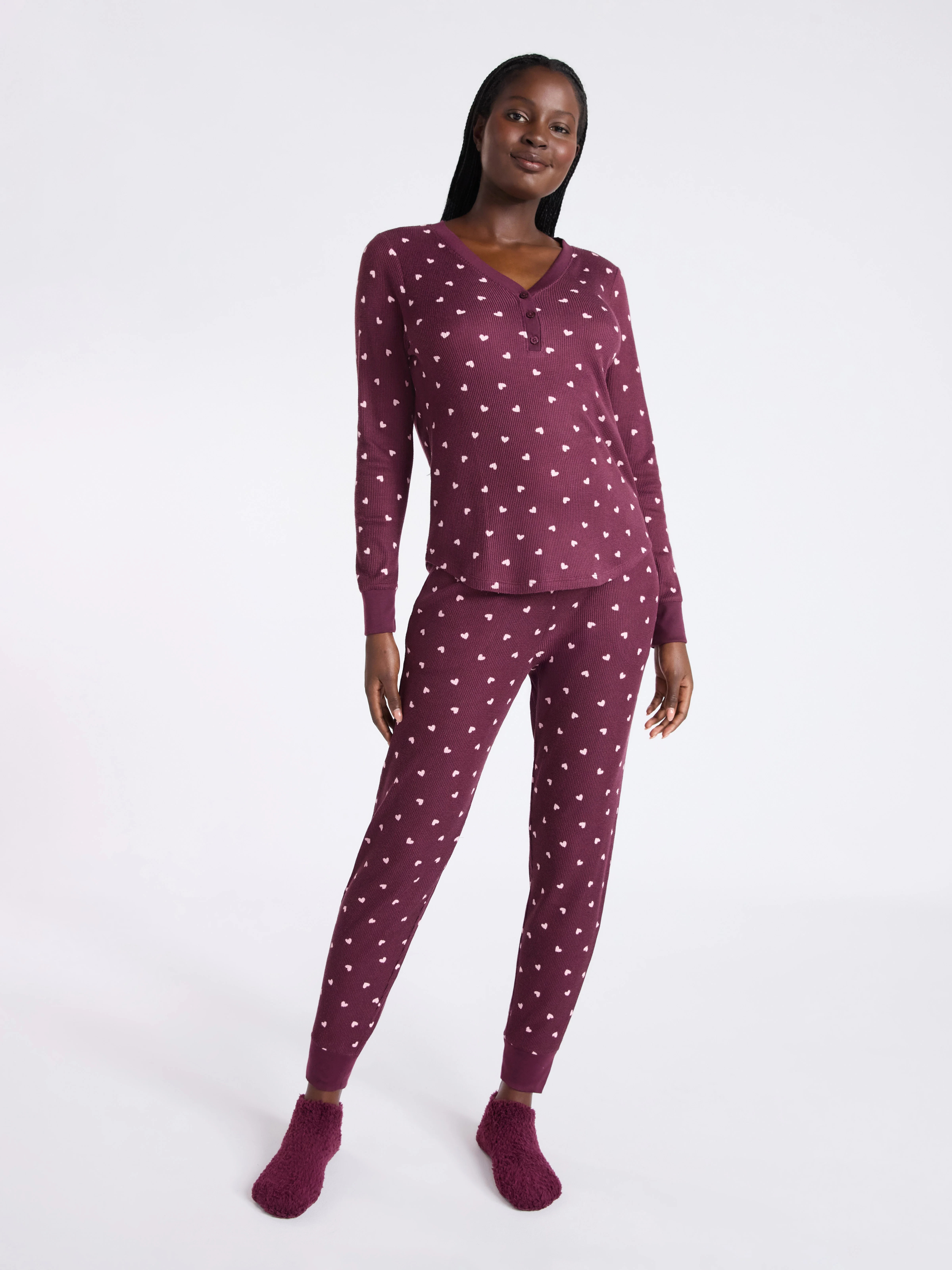 Joyspun Women's Waffle Knit Henley Sleep Top, Joggers and Socks Pajama Set, 3-Piece, Sizes XS-3X | Walmart (US)
