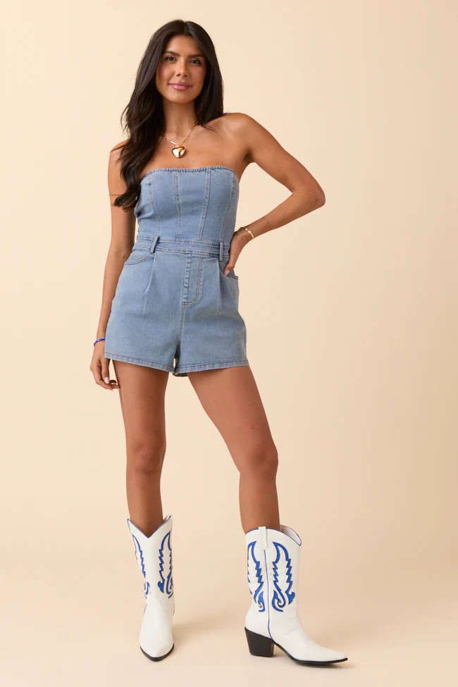Jayla Strapless Denim Romper | Pink Lily