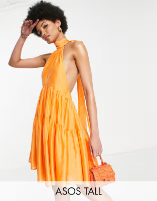 ASOS DESIGN Tall halter tiered voile mini dress with tie back detail in orange | ASOS (Global)