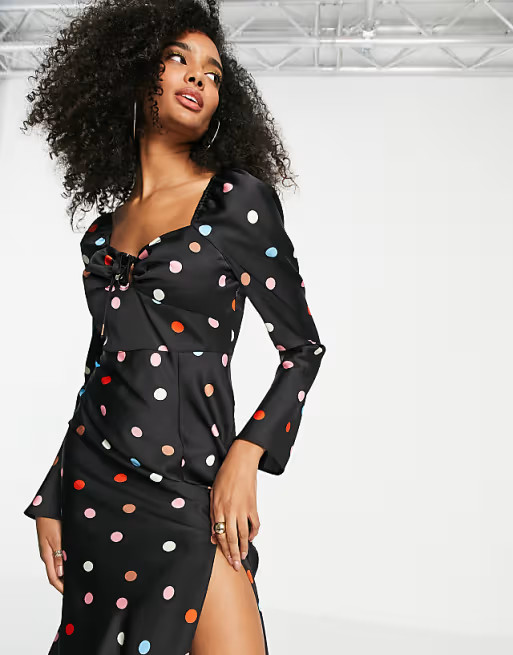 ASOS DESIGN tie front bust midi dress with flare sleeve in multicolored spot print | ASOS (Global)