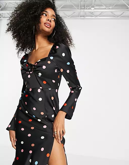 ASOS DESIGN tie front bust midi dress with flare sleeve in multicolored spot print | ASOS (Global)
