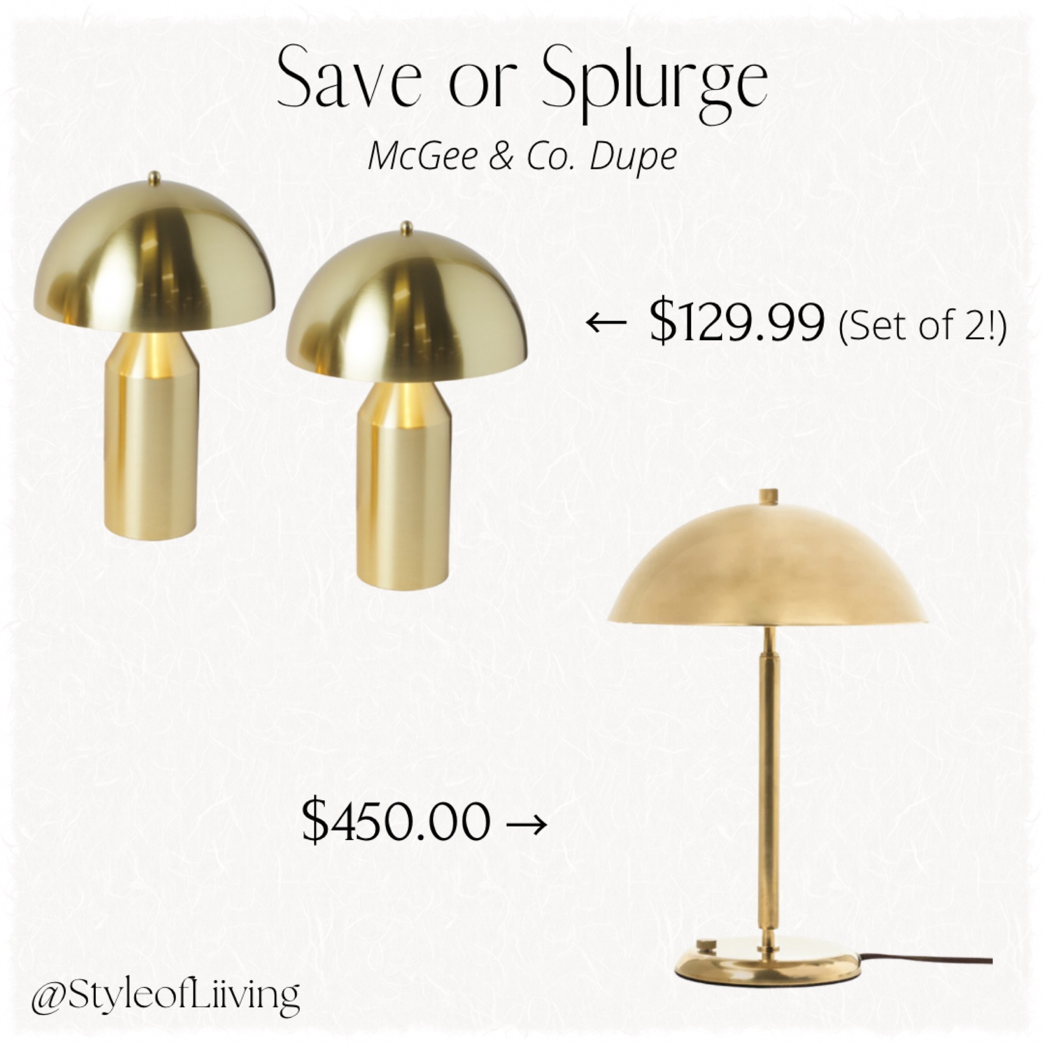 Save or Splurge! McGee and Co. dupe, same vibe for less. Brass desk table lamp with a wide round shade. Metal mushroom table lamp set for less from HomeGoods. Gold color.

#LTKhome #LTKstyletip #LTKsalealert