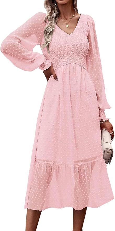 PRETTYGARDEN Women's Fall Dresses 2023 Long Sleeve V Neck Swiss Dot Empire Waist Chiffon Dress Ru... | Amazon (US)
