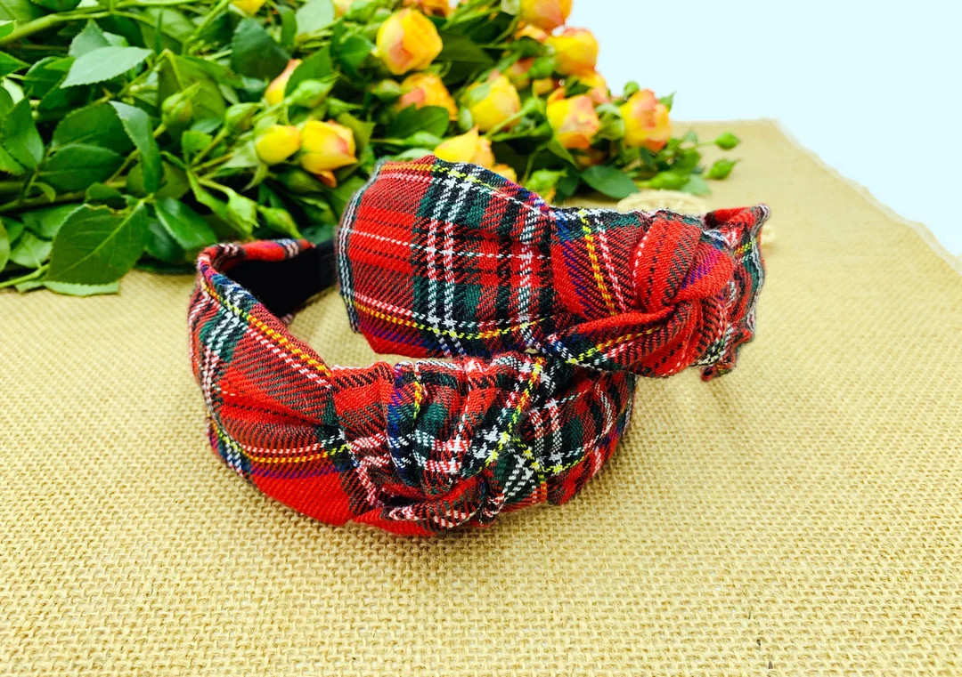 Red Christmas Plaid Wide Knotted Headbandwide Headbandtartan - Etsy | Etsy (US)