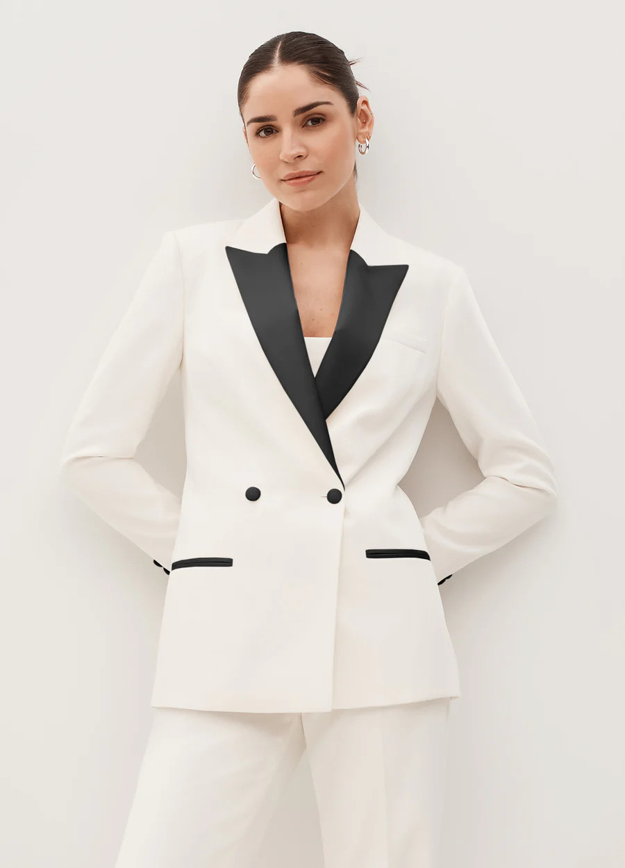 Women's Ivory White & Black Double Breasted Tuxedo Jacket | SuitShop