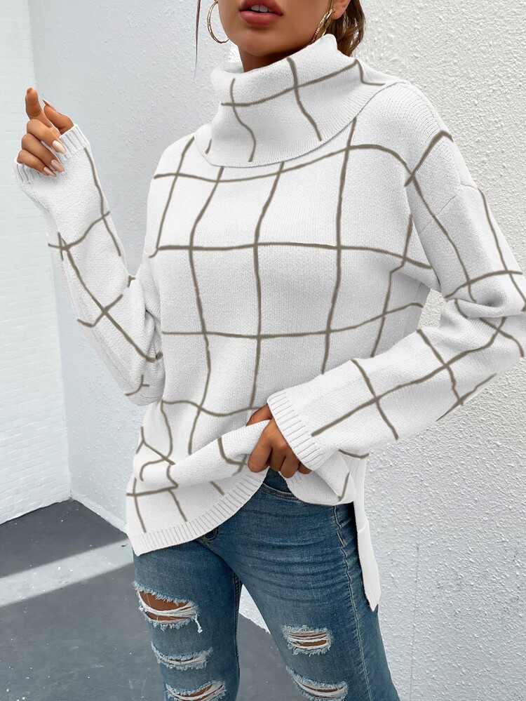 Grid Pattern Turtleneck Drop Shoulder Sweater | SHEIN