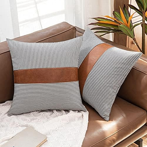 MIULEE Pack of 2 Stripe Boho Throw Pillow Covers Decorative Square Farmhouse Pillowcase Faux Leather | Amazon (US)