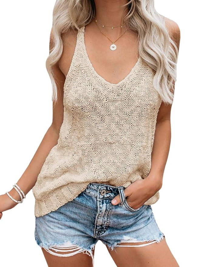 Ybenlow Womens Summer Knit Racerback Tank Tops V Neck Sleeveless Sweater Casual Sheer Vest Shirt ... | Amazon (US)
