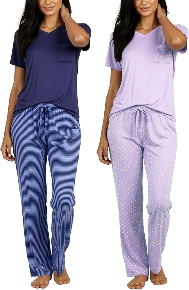 Real Essentials 2 Pack: Women's Comfy Pajama Sets - Short Sleeve Ladies Loungewear Sleepwear PJs ... | Amazon (US)