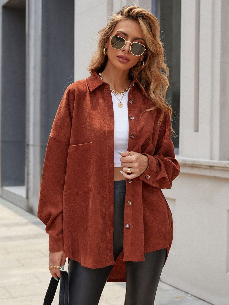 Solid Button Front Pocket Detail Corduroy Coat | SHEIN