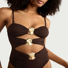 F&F Cut Out Metal Accent Bandeau Swimsuit in Brown | Tesco F&F