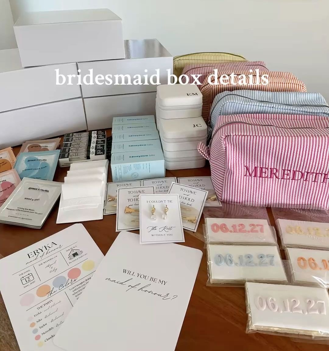 bridesmaid box details ✨
custom bridesmaid proposal box, personalized bridesmaid gifts, maid of honor proposal ideas, wedding planning inspiration, bridal party gift ideas, monogram makeup bags, personalized jewelry gifts, wedding proposal cookies, aesthetic bridesmaid boxes, bridesmaid proposal inspo.

#bridesmaidproposal #bridesmaidboxes #maidofhonorproposal #bridalparty #weddingplanning #bridesmaidgifts #proposalideas #customgifts #personalizedgifts #weddinginspo #bridetobe #giftideas #aestheticgifts #eventplanning #bridalinsp

#LTKselfcare #LTKWedding #LTKBeauty