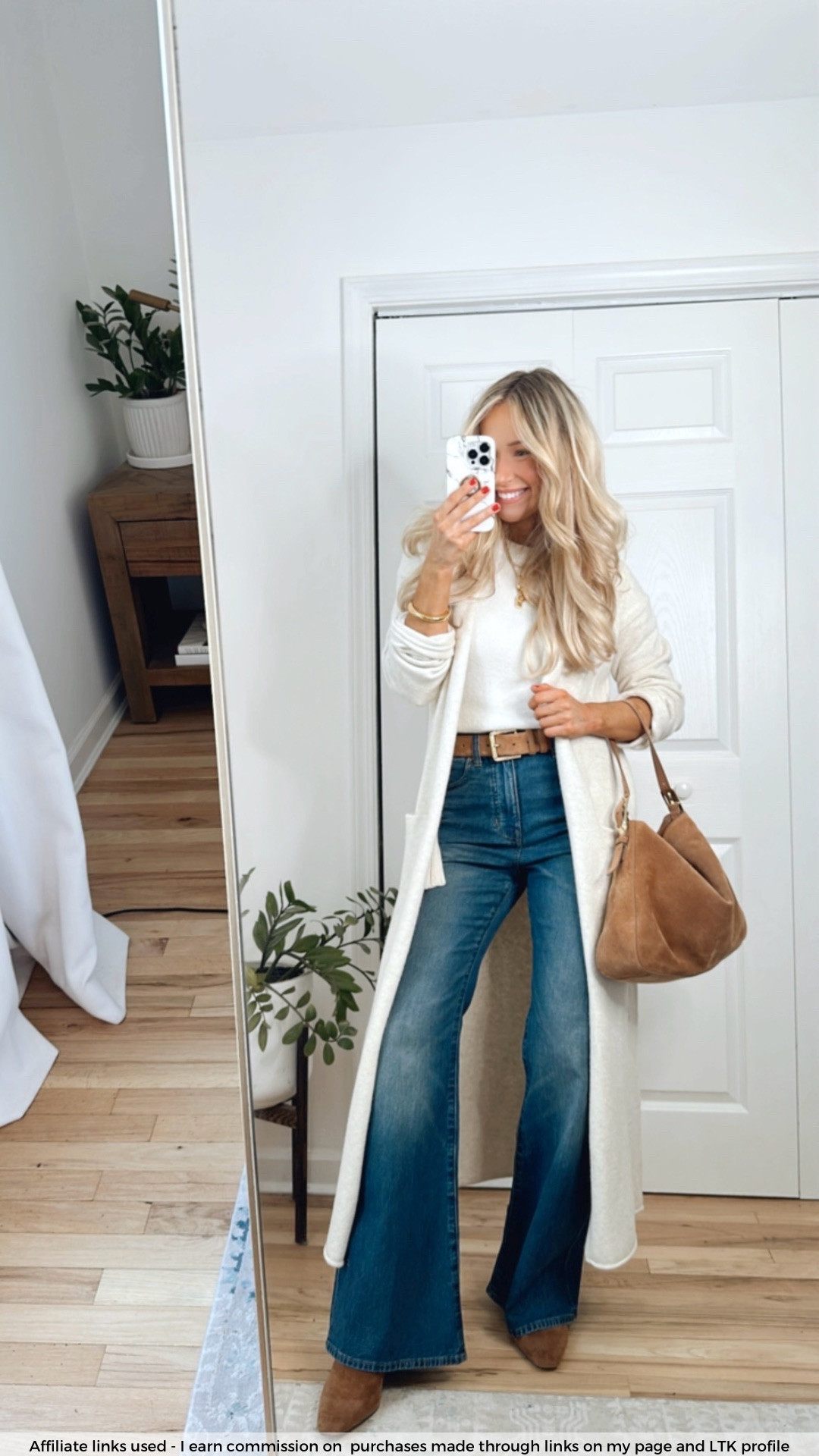 Everyday fall outfit 

Long duster cardigan sweater 
Flair leg jeans
Brown suede boots