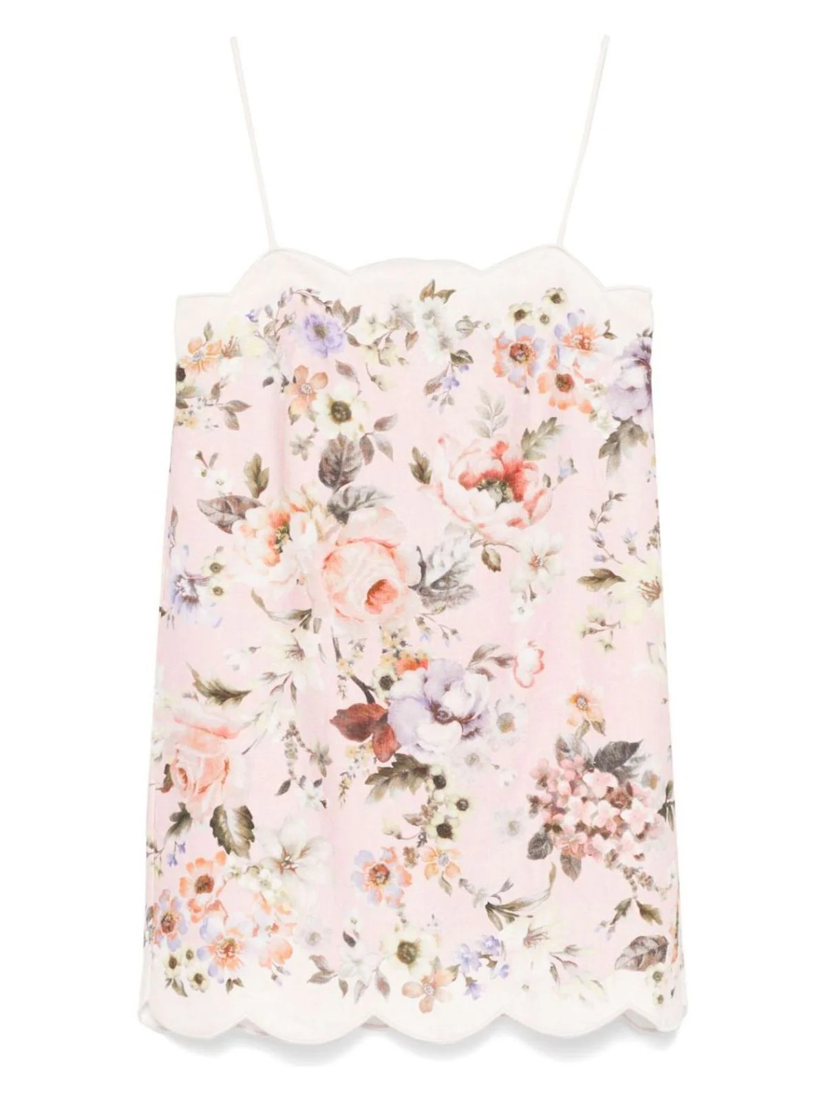 Zimmermann Women's Mini Floral Linen Dress In With Scallop Neckline And Sleeveless in Pink | Size 1 | 0720DRS252 | LOZURI