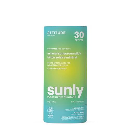 ATTITUDE Mineral Sunscreen Stick with Zinc Oxide, SPF 30, EWG Verified, Plastic-Free, Broad Spectrum UVA/UVB Protection, Dermatologically Tested, Vegan, Unscented, 2.1 Ounces | Amazon (US)