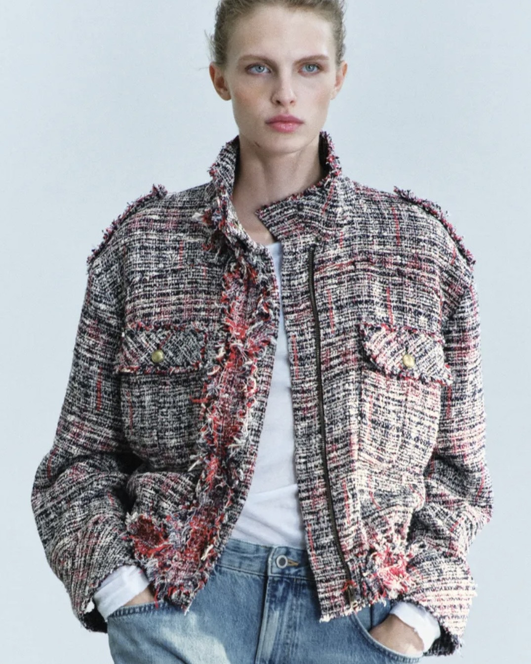 Zara tweed jacket with fringe trim and gold button details. Such a chic fall layering piece with jeans, trousers or a simple white tee. One of my favorite @Zara new arrivals for fall 2026.

#LTKWorkwear #LTKootd #LTKSeasonal