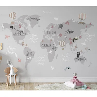 Kids World Map Gray Background Wallpaper | Wayfair North America