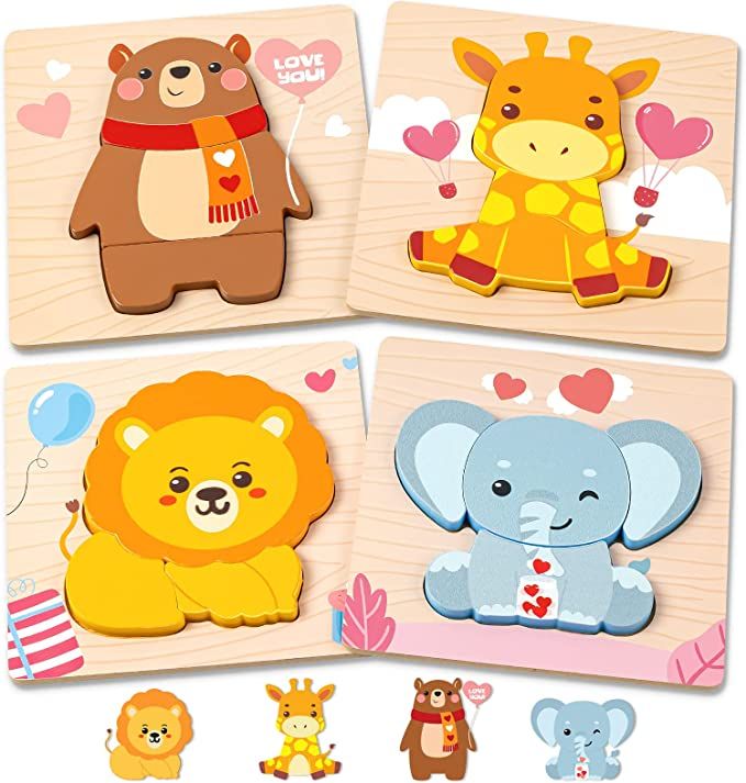 LACCHOUFEE Valentines Toys Gifts for Kids Toddlers - 4 Pack Wooden Puzzles with Animals Design, V... | Amazon (US)