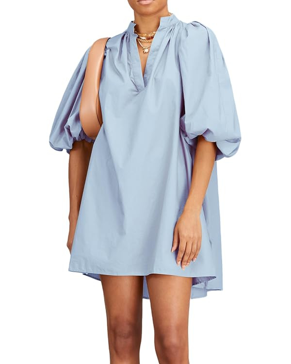 Women Babydoll Mini Dress Summer Casual Cotton V Neck Puff Lantern Sleeve Loose A Line Cute Dress | Amazon (US)