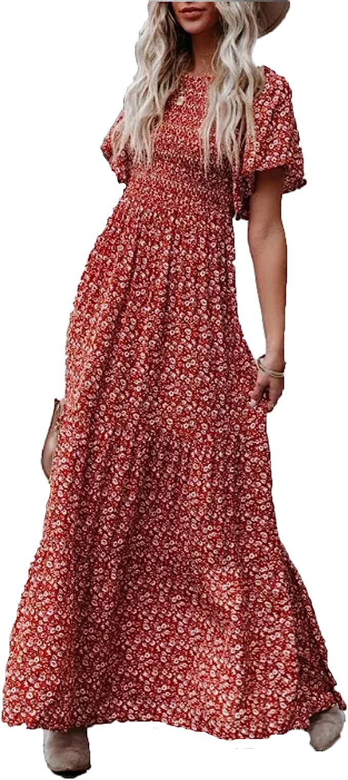 POGTMM Womens Summer Floral Print Maxi Smocked Dress Casual Round Neck Flutter Sleeve Ruffle Flow... | Amazon (US)