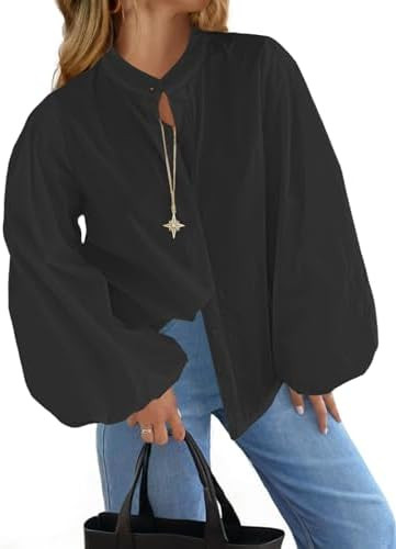Tankaneo Womens Lantern Sleeve Button Down Shirts Oversized Mock Neck Blouse Trendy Casual Loose ... | Amazon (US)