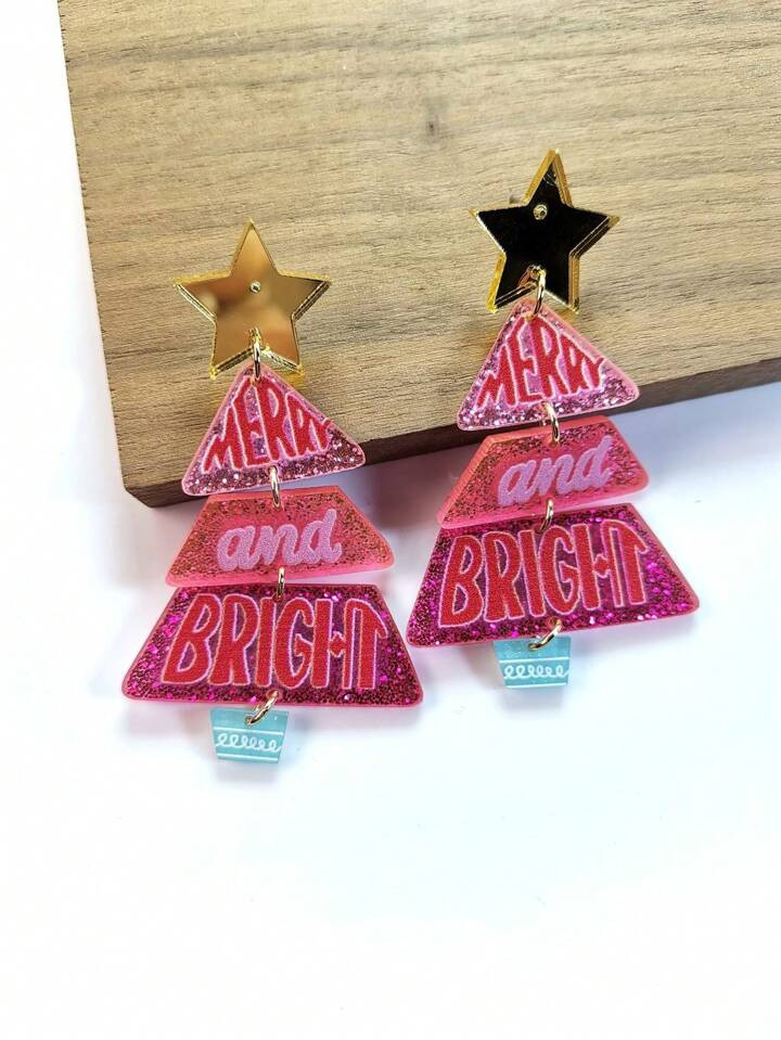 Acrylic Christmas Tree Shaped Letter Print Mirror Dangle Earrings | SHEIN