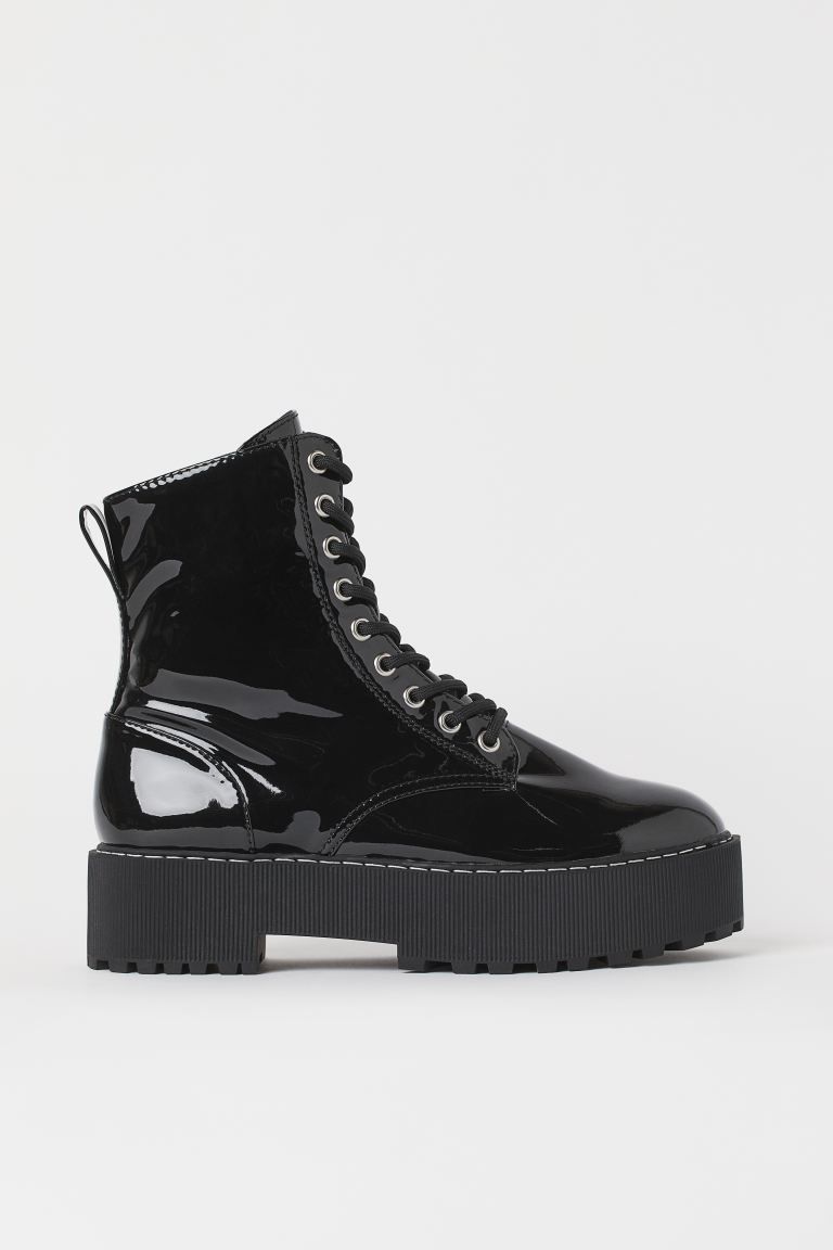Combat boots with lacing at front, zipper at one side, and loop at back. Chunky, patterned soles.... | H&M (US + CA)