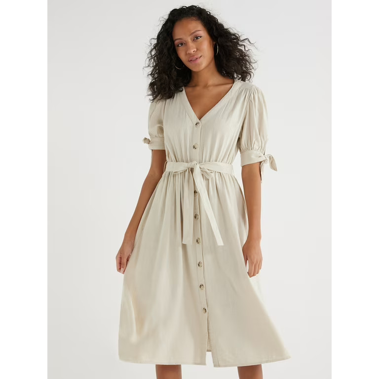 Time and Tru Women’s Tie Sleeve Linen Blend Midi Dress, Sizes XS-XXXL | Walmart (US)