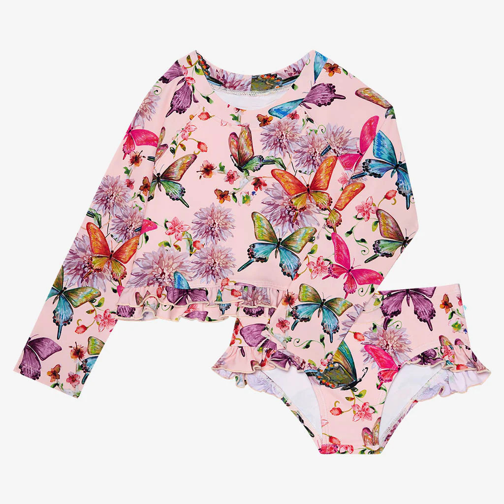 Butterflies Pink Girls Two Piece Swimsuit | Watercolor Butterfly | Posh Peanut