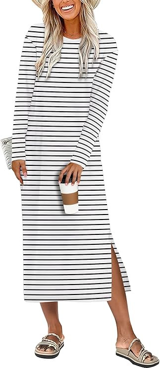 ANRABESS Long Sleeve Midi Dresses for Women Fall Fashion Casual Vacation Crewneck Loose Split Str... | Amazon (US)